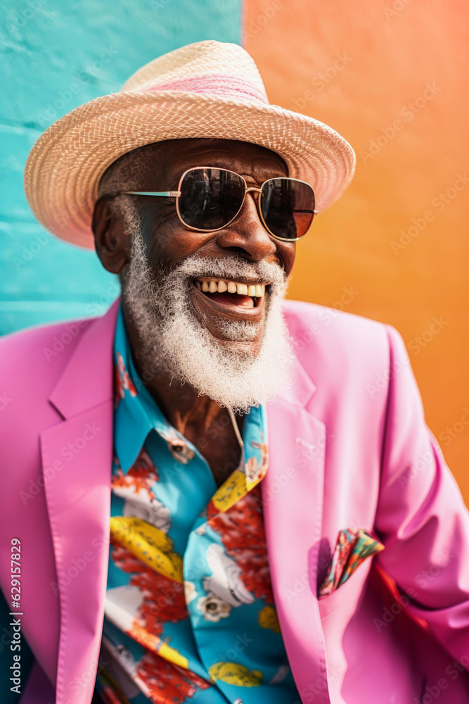Generative AI illustration of Old man smiling very happy dressed in a lot of style and hat and colorful Generative AI illustration of Old man smiling very happy dressed in a lot of style and hat and colorful