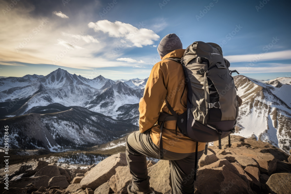 Man standing with backpack on top of a mountain and looks down into the valley