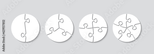Circular puzzle grid. Thinking mosaic game with 2, 3, 4 and 5 shapes. Jigsaw pieces. Round laser cut frame. Simple background with separate details. Vector illustration.