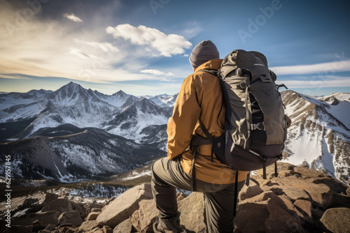 Man standing with backpack on top of a mountain and looks down into the valley © Juha Saastamoinen