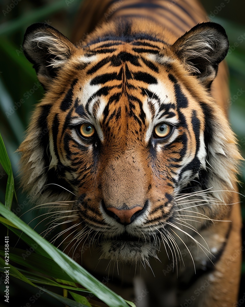 The tiger's face in close-up with a blurry background. (Generative AI)