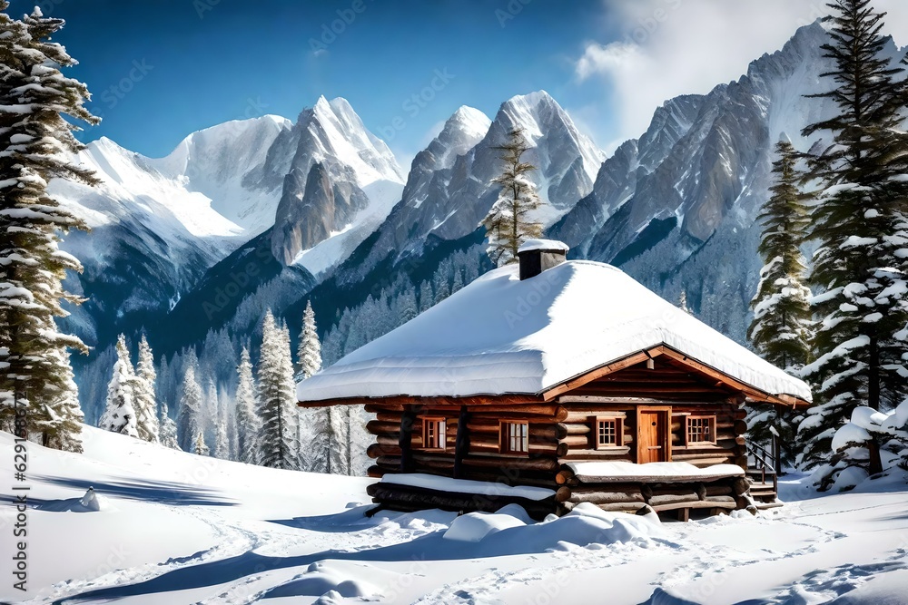 A beautiful Hut in Mountains, creative using generative AI tools