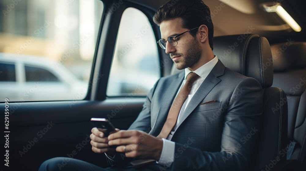 businessman talking on cell phone in car businessman talking on cell phone in car