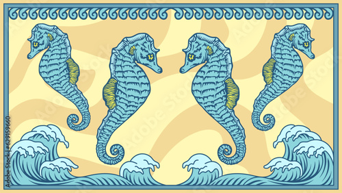 vector hand drawn illustration of a seahorse with wave ornament great for wallpaper, print, textile, pattern, background
