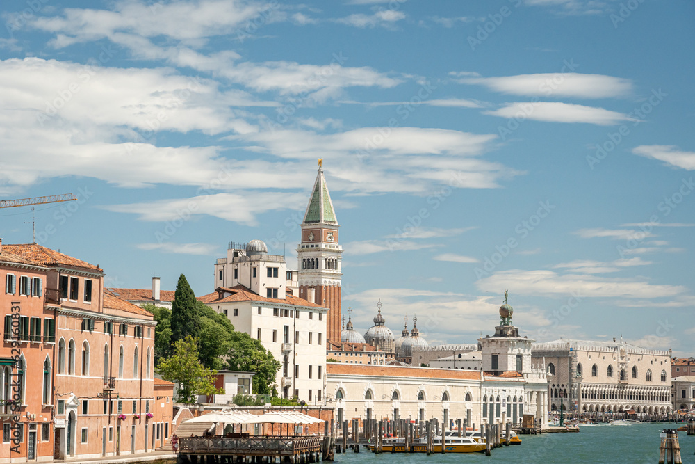 View from the boat and St Marks Square and Campanile in the background, Venice, Italy