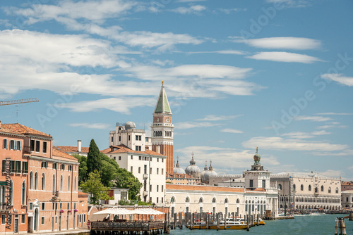 View from the boat and St Marks Square and Campanile in the background, Venice, Italy