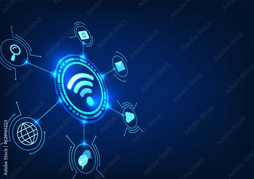 Wi-Fi technology, Wifi icon is inside the technology circle and the icon is integrated with the circuit board. Refers to the distribution of wireless signals to electronic devices to use the Internet. Wi-Fi technology, Wifi icon is inside the technology circle and the icon is integrated with the circuit board. Refers to the distribution of wireless signals to electronic devices to use the Internet.