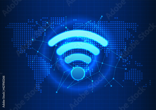 Wi-Fi technology, Wi-Fi is a technology that transmits wireless Internet signals to electronic devices to access the Internet n. The wifi icon is on the earth map with connection lines.