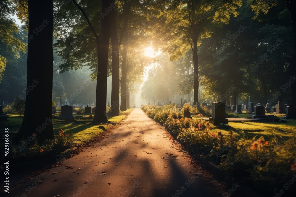 An evocative picture of a serene landscape within a cemetery, with soft sunlight filtering through the trees, signifying the concept of eternal rest. Generative AI