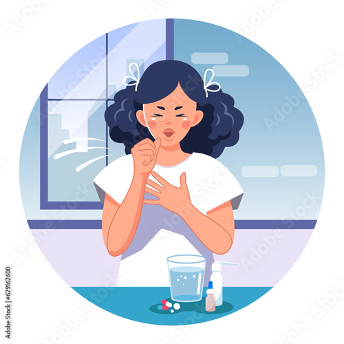A young woman with symptoms of respiratory disease. A girl with a dry cough and chest pain, surrounded by medicines and pills in her apartment. Asthma, allergy, or a cold. Vector