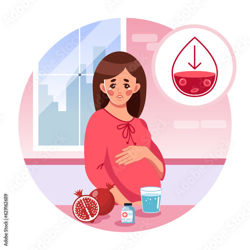 A young pregnant woman suffers from anemia. A confused girl stands at a table with medicines in her house. Low hemoglobin levels and iron deficiency. Vector illustration in cartoon style
