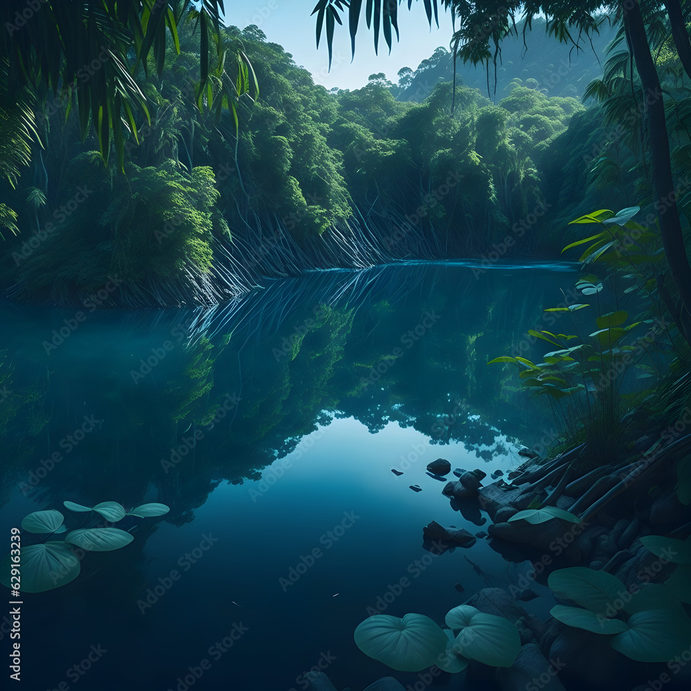 a river running in the forest surrounded by green trees, generative AI
