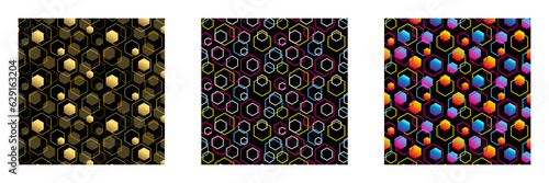 Motif de forme géométrique hexagone pour une impression sur du tissu ou sur du papier, décliné avec 3 gammes de couleurs différentes.