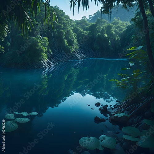 a river running in the forest surrounded by green trees  generative AI 