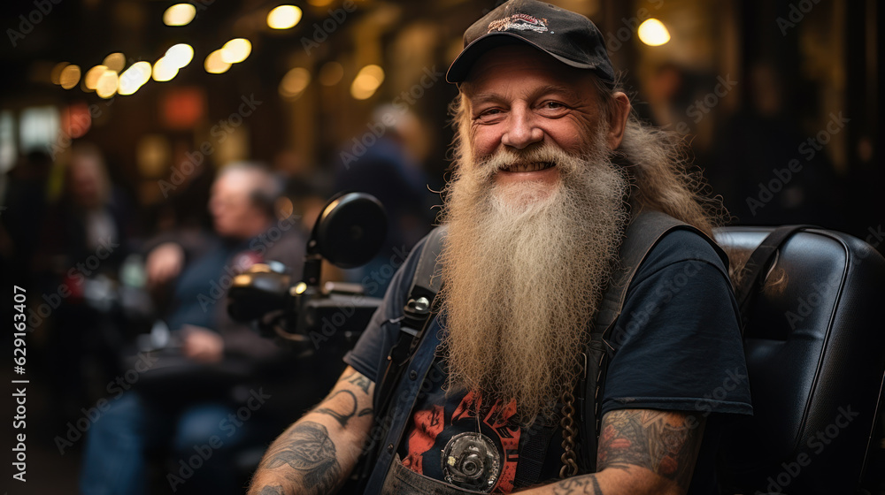 Elderly Rocker with Long White Beard, Covered in Tattoos and Wearing a Cap, Poses Smiling at Camera Elderly Rocker with Long White Beard, Covered in Tattoos and Wearing a Cap, Poses Smiling at Camera