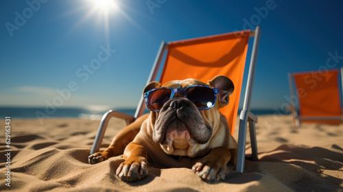English Bulldog Sunbathing on Beach Lying in a Hammock