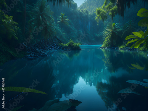 a river running in the forest surrounded by green trees, generative AI 