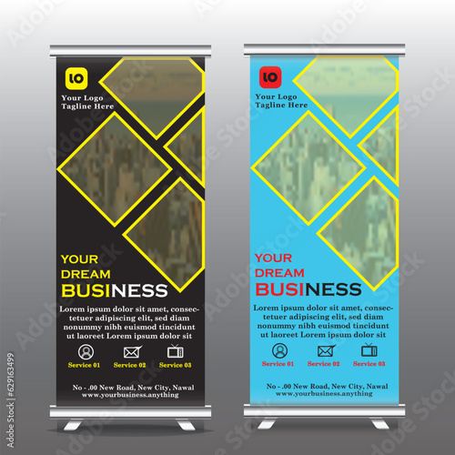 Business Roll Up template, pull up design, Standee Design. Banner Template. Presentation and Brochure Flyer. Template vertical pull up banner with yellow and blue color, Vector illustration, geometric