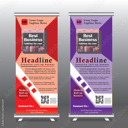 Mordern Roll Up Banner template vector illustration, vertical roll up banner with blue and purple color, geometric, background ,standy design , display, advertisement, pull up banner,