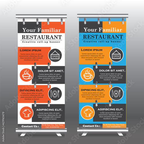 Red and Orange Modern Exhibition Advertising Trend Business Roll Up Banner Stand Poster Brochure flat design template creative concept. pull up banner, Presentation. Cover. Stock Vector. EPS