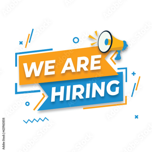 Hiring recruitment open vacancy design info label template. We are hiring join to team announcement lettering in speech bubble chat box vector illustration isolated on yellow background
