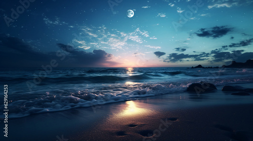 Beach at night with a full moon, deep blue ocean, white waves, and wet sand.