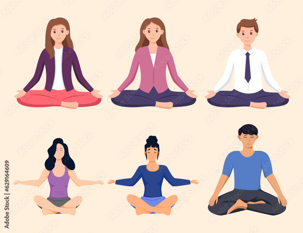 Illustration of people practicing yoga in modern cartoon style Illustration of people practicing yoga in modern cartoon style