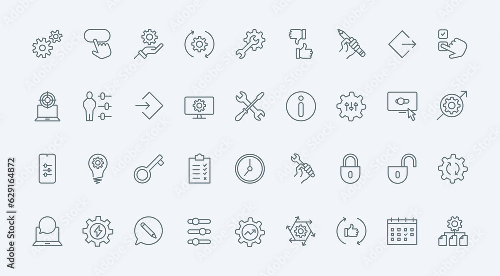 Control and management of system productivity line icons set vector illustration. Outline gears and cogwheels of machine engine, repair and maintenance service tools for modification and setup Control and management of system productivity line icons set vector illustration. Outline gears and cogwheels of machine engine, repair and maintenance service tools for modification and setup