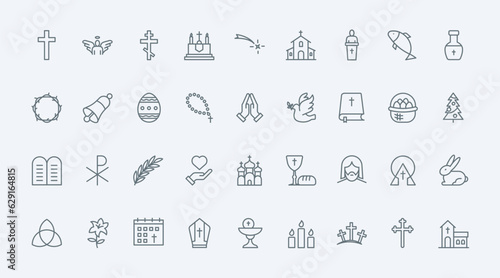 Christian religion thin black line icons set vector illustration. Outline catholic and baptism church and holy Bible, first communion and worship symbols, Christmas and Easter religious celebration