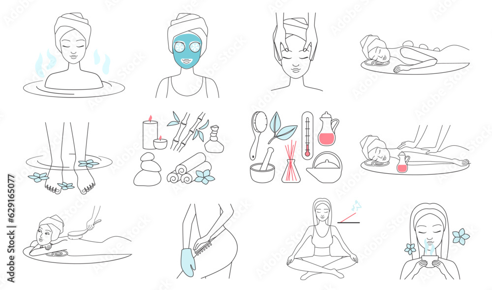 Wellness and spa procedures for skin line icons set vector illustration. Hand drawn outline beauty massage and mask for face, physiotherapy and bath, herbal tea and stone therapy for girls to relax