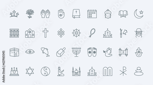 World religions thin black line icons set vector illustration. Outline symbols, holy books and temples of Buddhism and Christianity, Islam and Judaism, religious pictograms collection for praying
