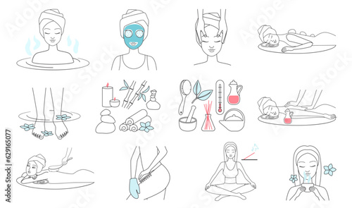 Wellness and spa procedures for skin line icons set vector illustration. Hand drawn outline beauty massage and mask for face, physiotherapy and bath, herbal tea and stone therapy for girls to relax