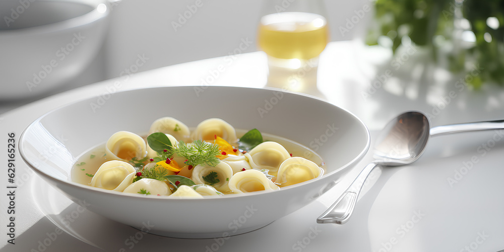 Plate of traditional tortellini pasta in broth, Italian food Plate of traditional tortellini pasta in broth, Italian food