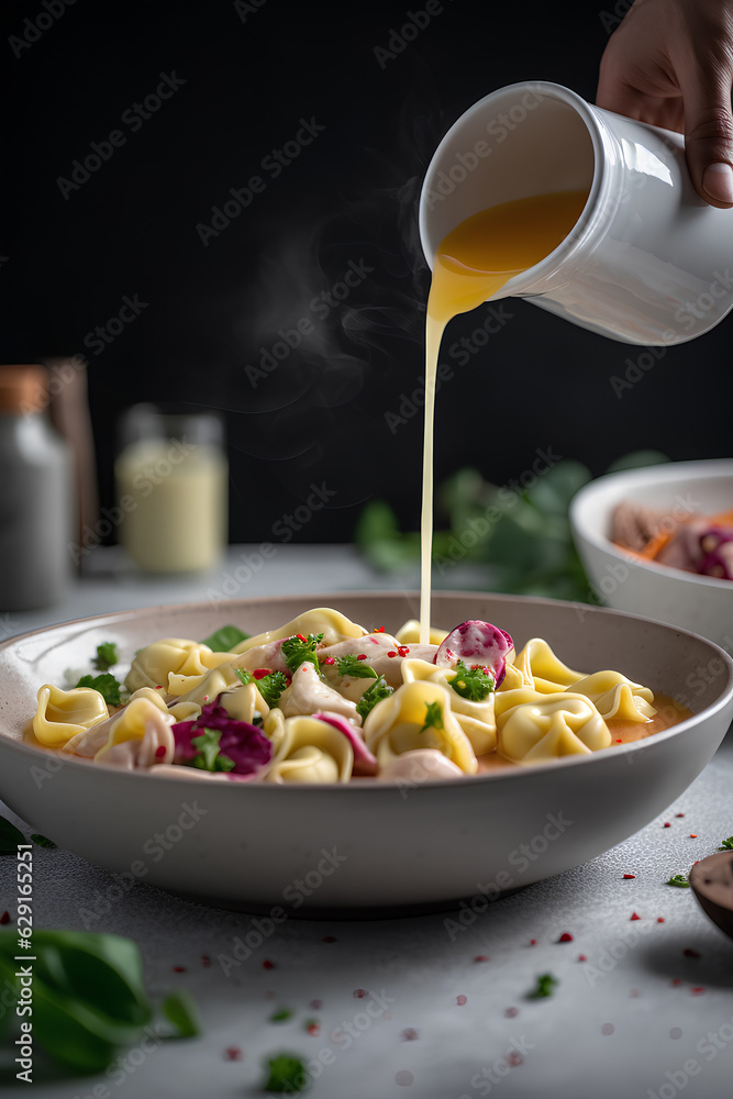 Pouring broth in the plate of traditional tortellini pasta in broth, Italian food Pouring broth in the plate of traditional tortellini pasta in broth, Italian food