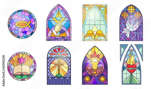 Fényképezés Mosaic windows of church set vector illustration