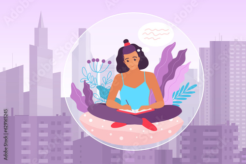 Personal isolation and solitude of person in city vector illustration. Cartoon female happy introvert isolated in bubble in comfort safe space with flowers to avoid communication and interaction