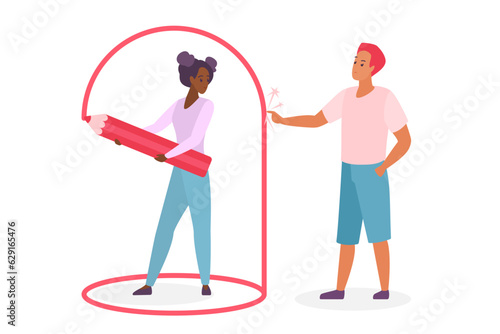 Person setting personal boundaries vector illustration. Cartoon isolated woman drawing boundary line with pencil to avoid proximity and social communication with man, healthy comfort zone of privacy