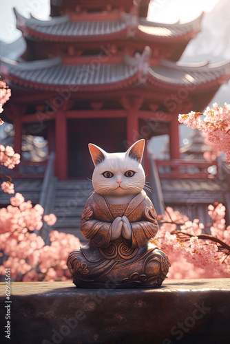 A sad cat prays at the peach blossom garden. Generative AI