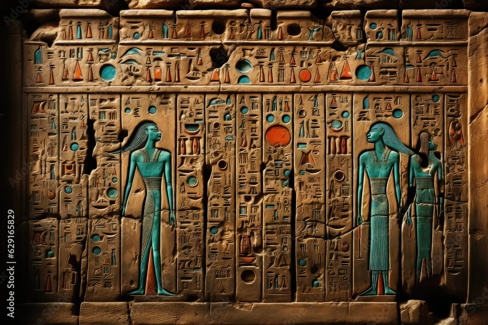 Egyptian hieroglyphs on the stone wall