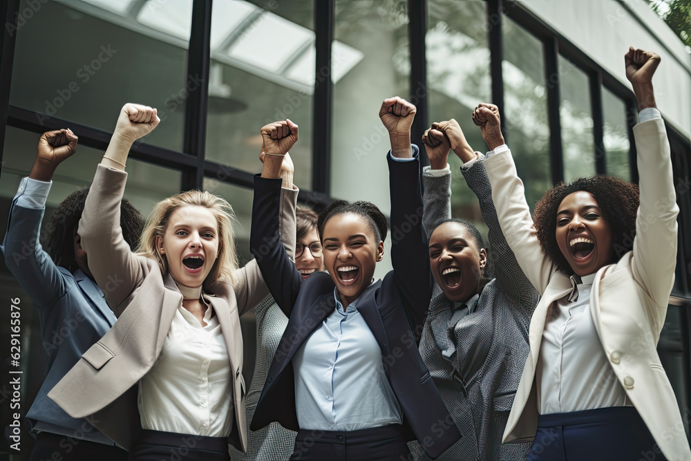 Obraz premium Group of excited diversity coworkers with raised hands celebrate business success