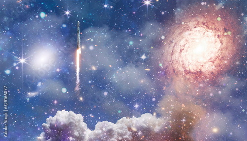 Fototapeta Naklejka Na Ścianę i Meble -  rockets launch into space on the starry sky. spacecraft flies into space with clouds of smoke. Elements of this image furnished by NASA