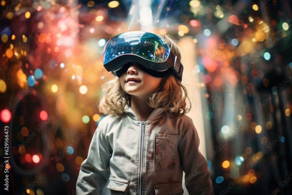 Girl wearing Virtual Reality headset, surreal world and virtual reality, colorful flowers fields. Generative AI Girl wearing Virtual Reality headset, surreal world and virtual reality, colorful flowers fields. Generative AI