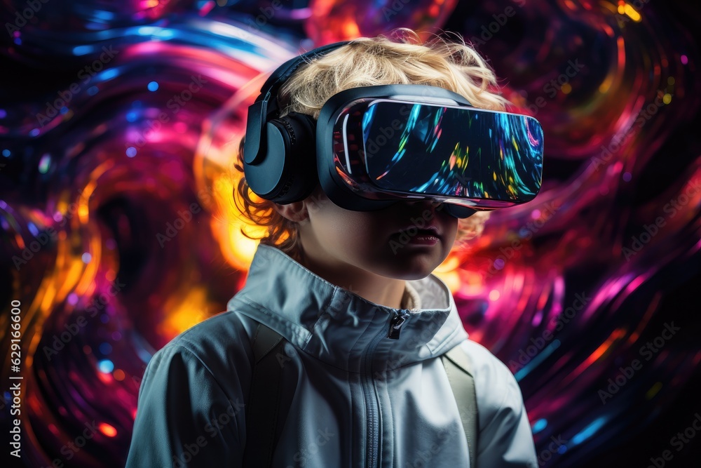 Boy wearing VR headset user, surreal world and virtual reality, colorful flowers fields. Generative AI Boy wearing VR headset user, surreal world and virtual reality, colorful flowers fields. Generative AI