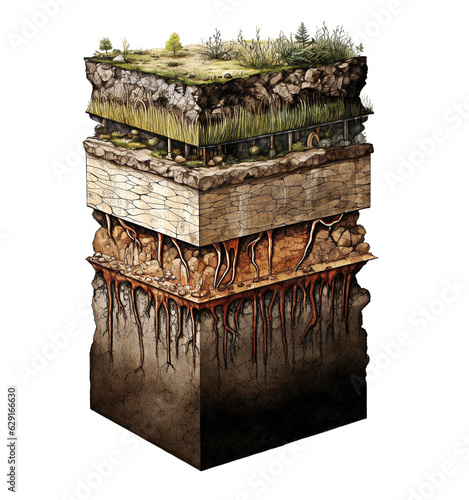 Stratigraphic section of soil with layers isolated on transparent background