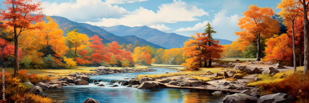 Naklejka premium autumnal panoramic landscape, featuring a tranquil river winding through a forested valley, with colorful trees reflecting in the water. Generative Ai