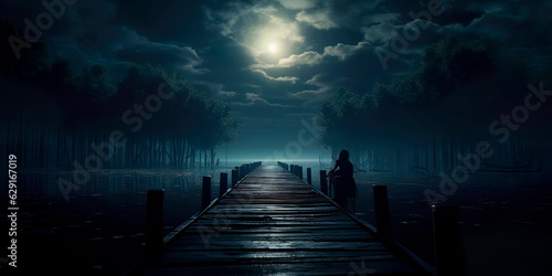 Stampa su tela eerie moonlit lake with a ghostly figure floating on its surface and a haunted boat dock in the distance