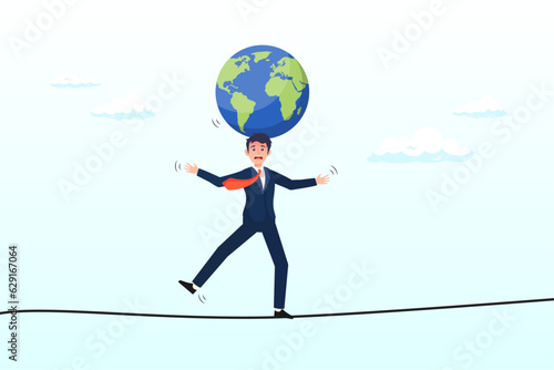 Businessman leader acrobat try to balance world globe on his head, geopolitical risk, world leader conflict, war and invasion danger causing economic and investment risk, nuclear war tension (Vector)