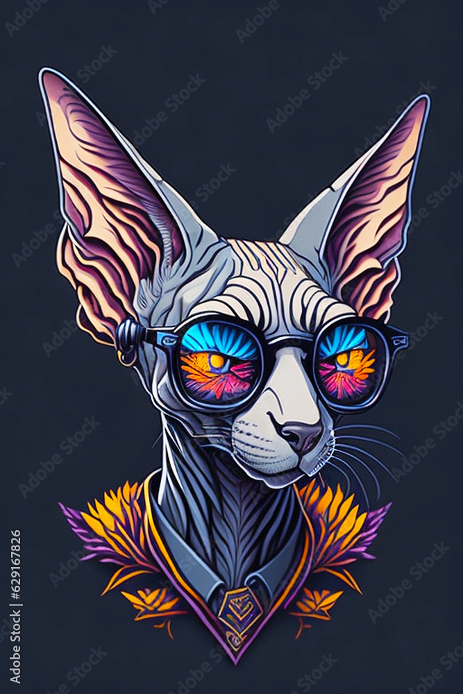 A detailed illustration of Sphynx wearing trendy sunglasses with leaf, flower, dark, gothic, paint splash, and gravity for t-shirt and fashion design