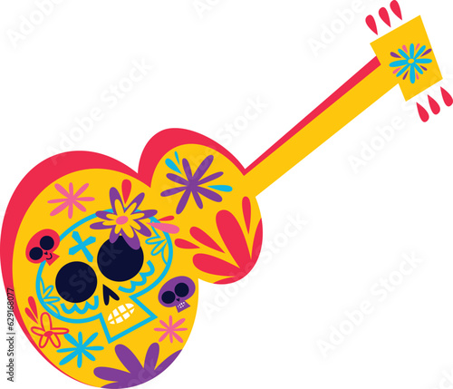 there is a colorful guitar with a skull on it