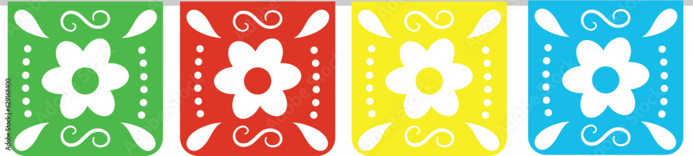 brightly colored paper banners with flowers and hearts hanging from them brightly colored paper banners with flowers and hearts hanging from them